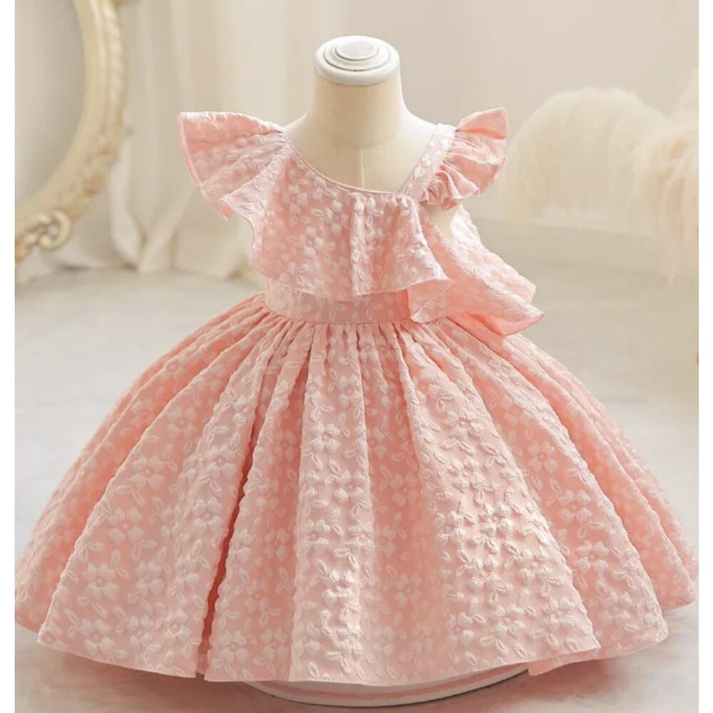 Girls Size 110 US 4-5Y Pink Floral Asymmetrical Aline Dress Easter Bridal Church